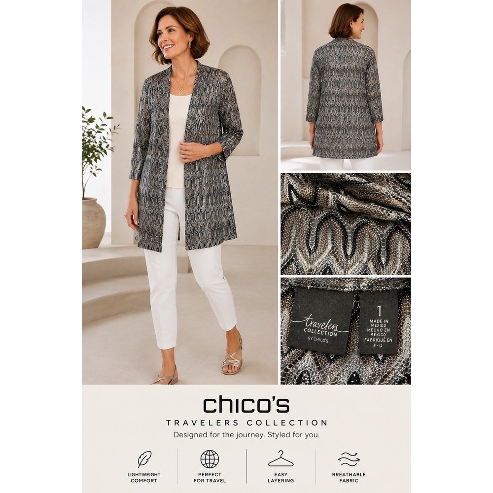 Travelers Collection by Chico's Womens Duster 1 Silver Metallic Chevron Cardigan